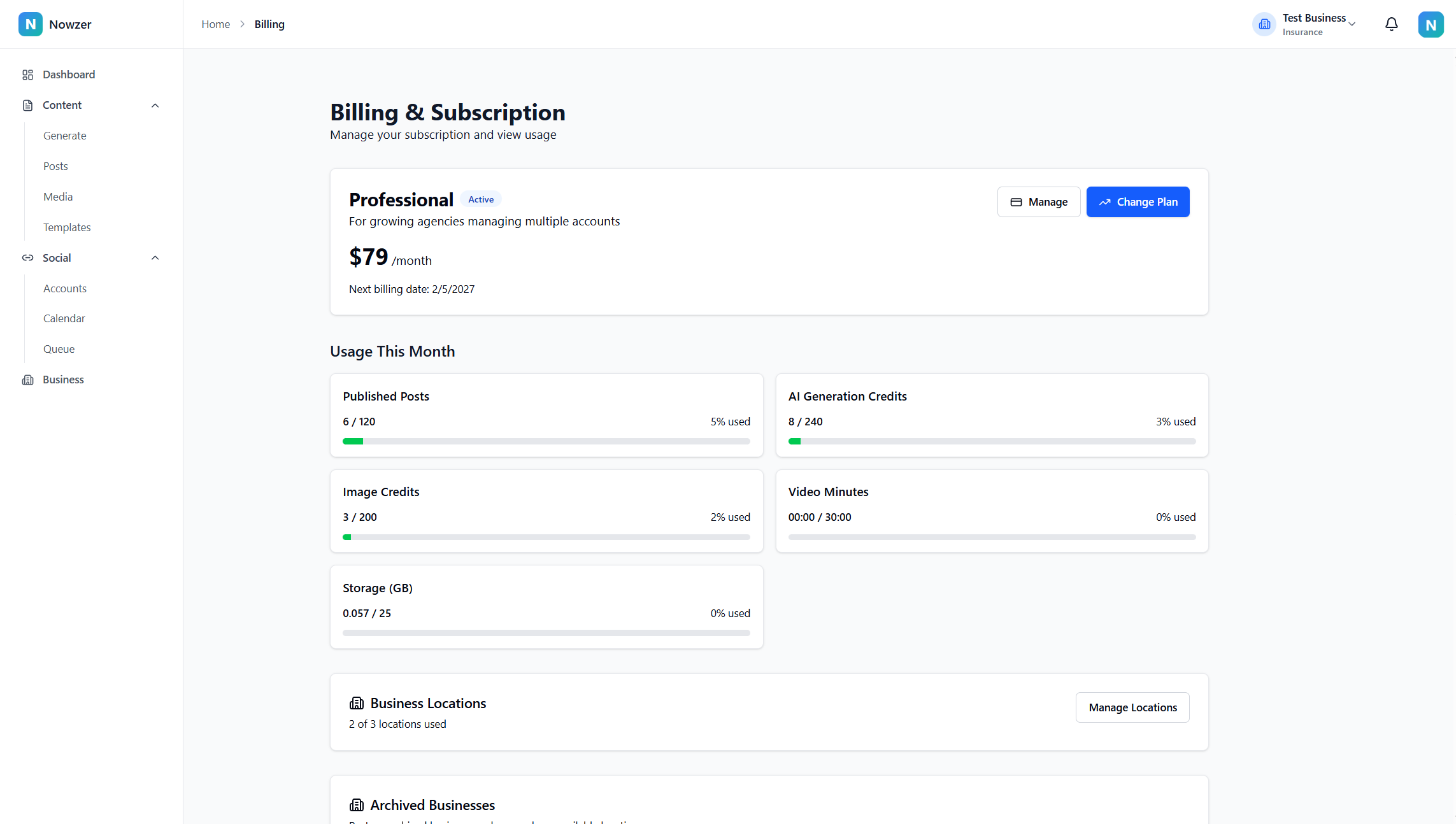 Billing dashboard showing current plan, usage meters, and invoice history