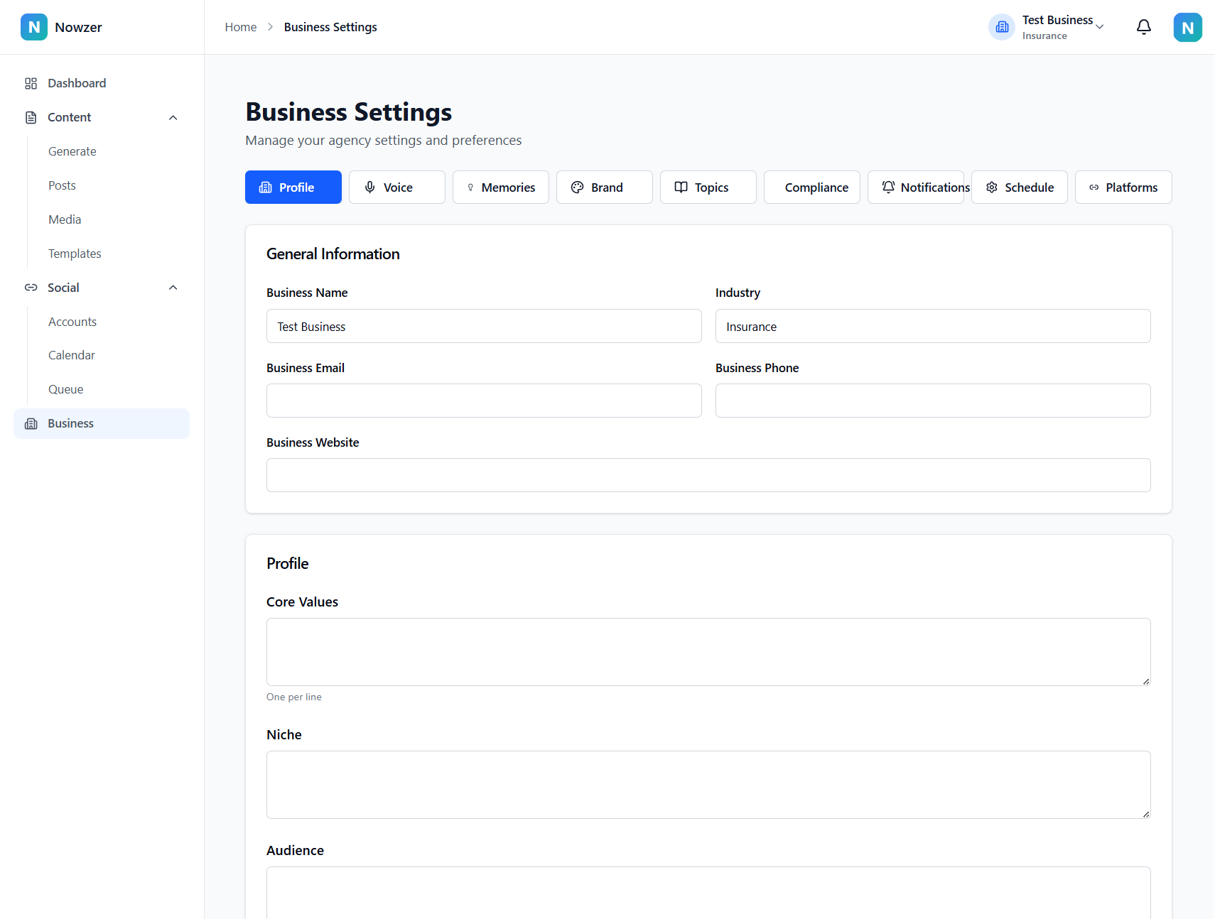 Business settings page showing tabs for profile, voice, brand, topics, and more