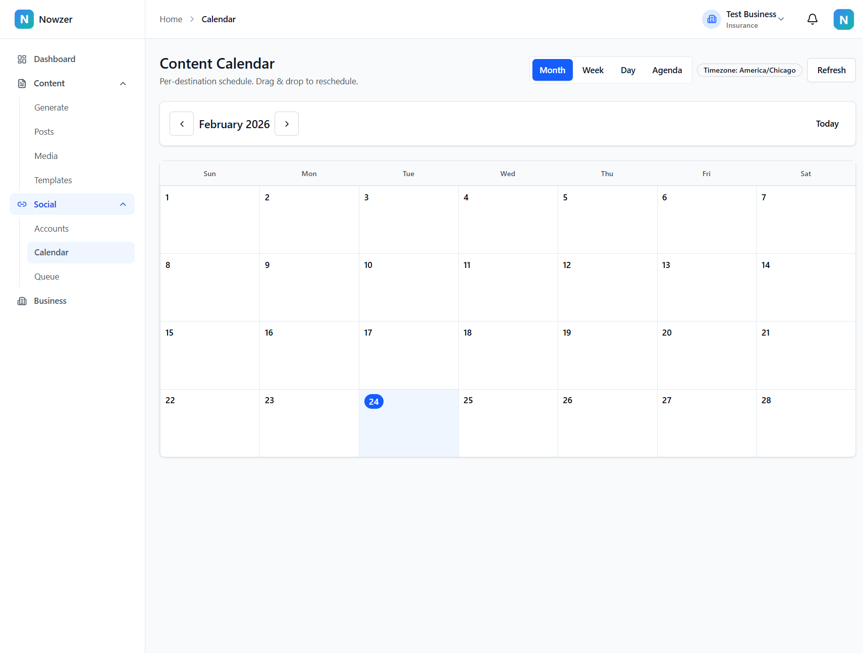Content calendar showing scheduled posts in month view