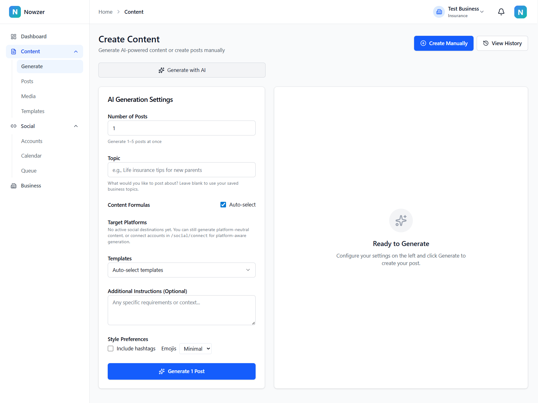 AI content generation page showing the generation form and results area