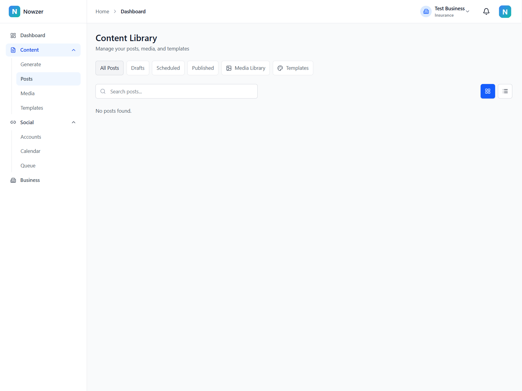 Content library showing posts organized by status with search and view options