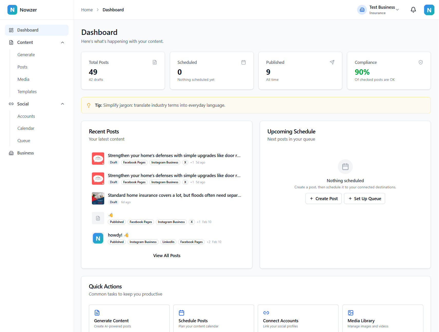 Nowzer dashboard showing activity stats, recent posts, and upcoming schedule