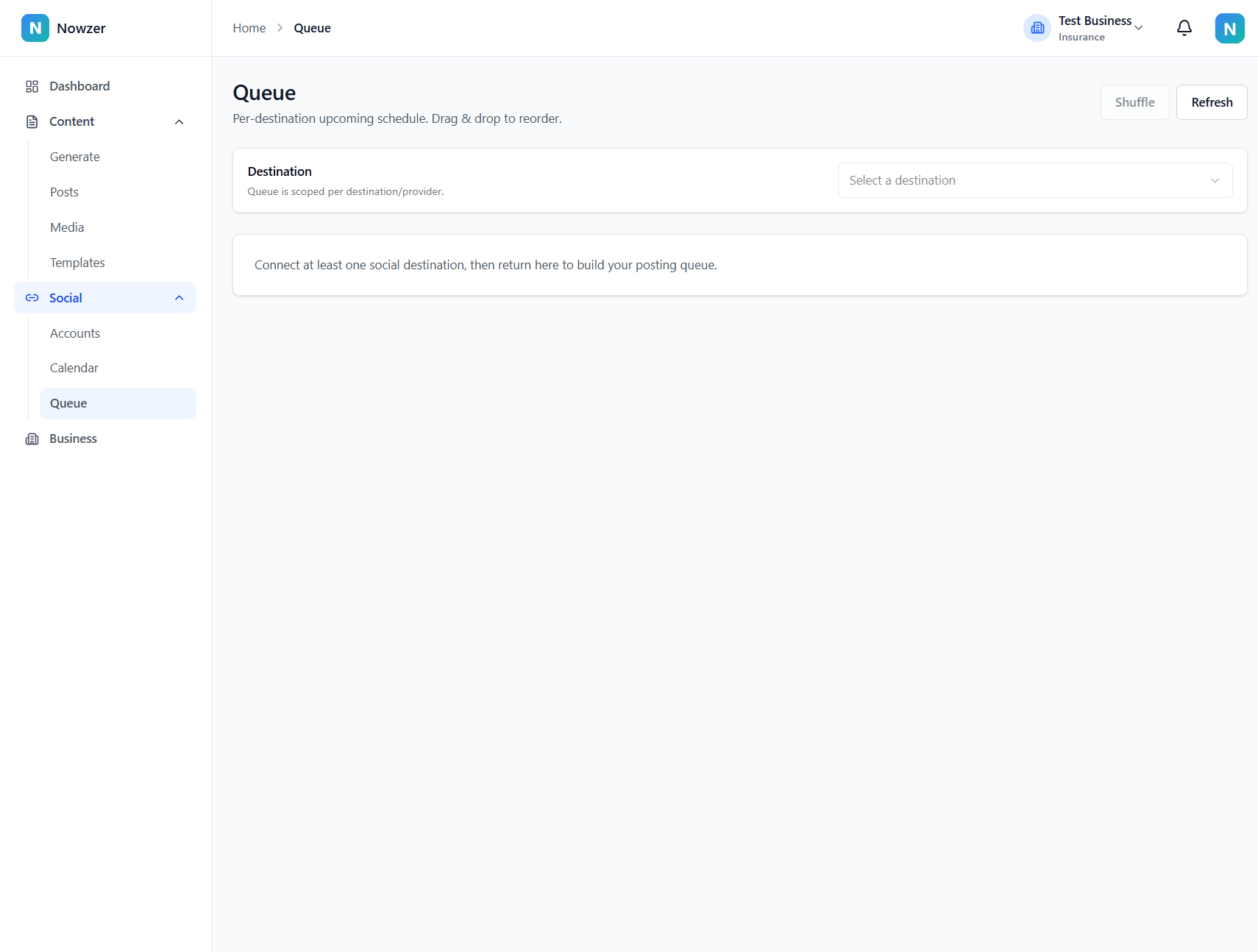 Posting queue showing per-destination schedule and queued posts