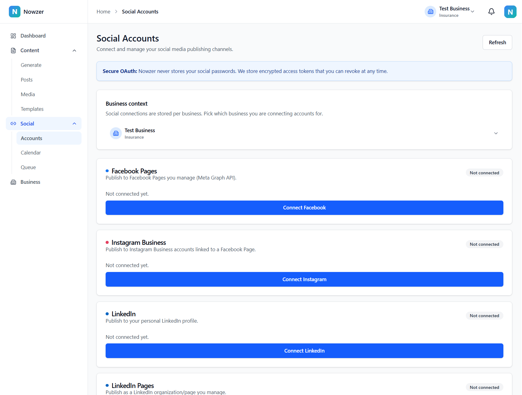 Social accounts page showing connection cards for each supported platform
